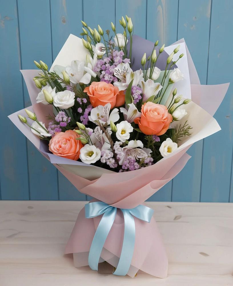 Букет цветов из: Лизиантусы, Розы, Альстромерии и Гипсофила в Бронницах