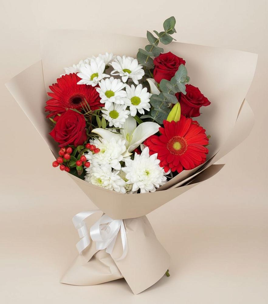 Букет цветов из: Розы, Хризантемы, Герберы и Лилии в Бронницах