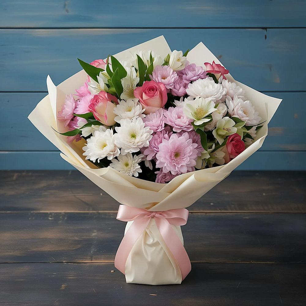 Букет цветов из: Хризантемы, Альстромерии и Розы в Бронницах